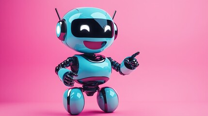 Obraz premium Adorable Blue Robot with Winking LED Eyes and Smiling Face Pointing to Bottom-Left, Solid Light Pink Background for Cute Tech Visuals