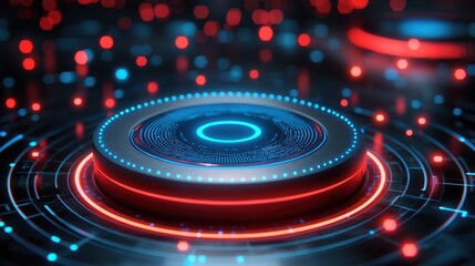 A futuristic circular interface illuminated with vibrant red and blue lights, surrounded by glowing particles and concentric circles.