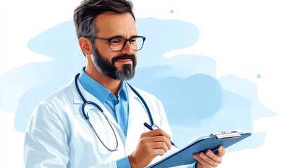 Fototapeta premium Focused doctor reviewing patient notes on clipboard.