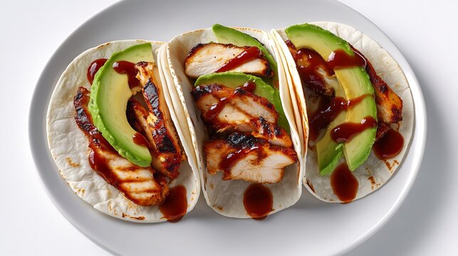 Three delicious chicken tacos with avocado and BBQ sauce.