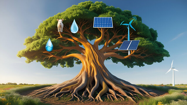 tree on the beach with solar panal