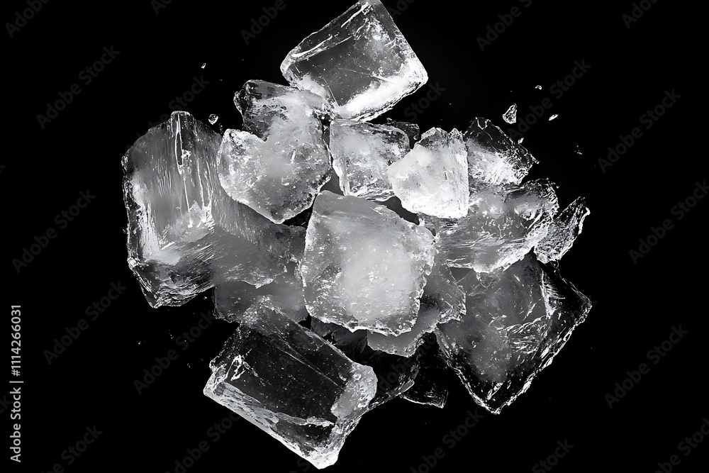 Poster close-up of translucent ice cubes on black background.