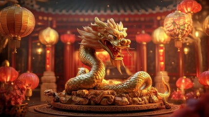 Fototapeta premium Golden Dragon Statue in a Festive Chinese Temple Setting: A 3D Render of Lunar New Year Celebration