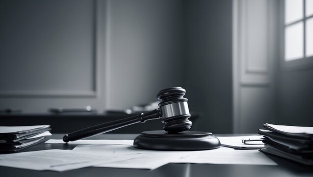 Courtroom action legal restrictions and regulations judicial setting gavel in focus law and order concept.