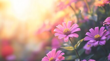 Vibrant pink and purple zinnia flowers in full bloom under warm sunlight, capturing the energy and richness of a thriving garden.