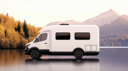 Naklejka premium Modern RV design with subtle curves and a monochromatic color scheme, parked by a lake