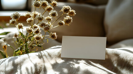 Blank card mockup on cozy textile with dried flowers and sunlight.