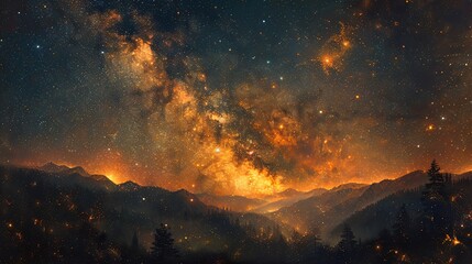 A deep, rich oil painting of a starry night sky, with the Milky Way stretching across the heavens. The stars seem to glow against the dark backdrop, with a faint silhouette of a distant mountain range