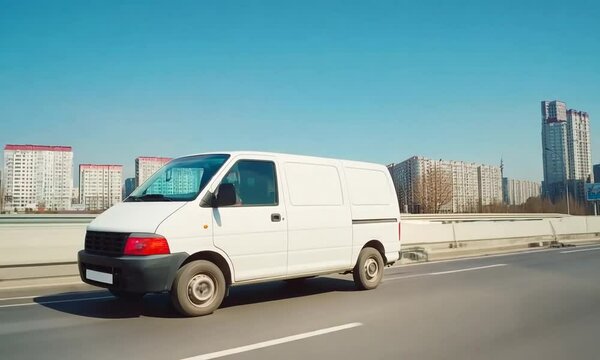 White Delivery Van Driving on Urban Road with City Skyline Background