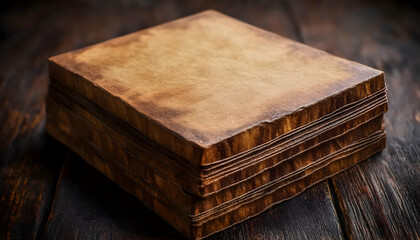 Antique book stack on dark wood.