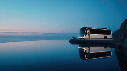 Sleek white RV with modern lines, parked on a coastal cliff with ocean views