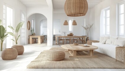 Bright White Minimalist Living Room in Mykonos with Bohemian-Style Furniture and Light Wood Accents.