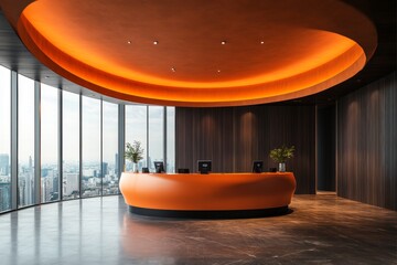 Large Circular Reception Desk with Orange Curved Ceiling. Modern Minimalist Design Overlooking Bangkok Cityscape.
