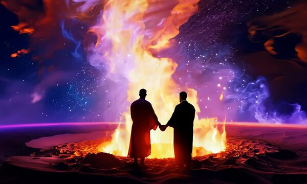 Shadrach, Meshach, and Abednego in the fiery furnace, depicted within a swirling nebula, highlighting their faith amidst trials