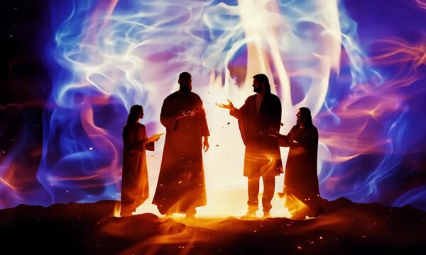 Shadrach, Meshach, and Abednego in the fiery furnace, depicted within a swirling nebula, highlighting their faith amidst trials