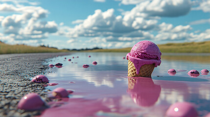 A whimsical scene featuring a melting pink ice cream cone on a road, surrounded by spilled ice cream puddles under a bright blue sky.