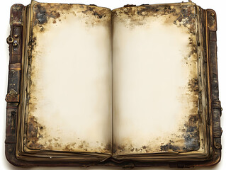 Open antique book with aged, blank pages and leather cover.