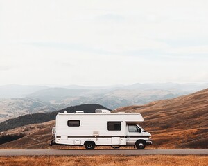 Minimalist RV exterior with a smooth white surface and black trim, parked on a mountain road