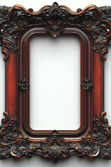 Ornate dark brown wooden picture frame isolated on white.