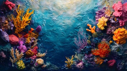 coral reef, ocean, underwater scene, colorful, artistic representation of marine life, vibrant colors, textured surfaces, abstract ocean ecosystem, pastel backdrop, marine biodiversity


