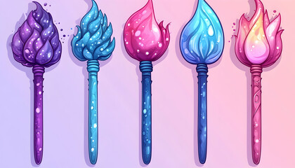 Five colorful sparkly paintbrushes shaped like flames.