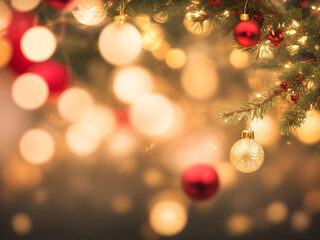 Obraz premium 부드럽고 흐릿한 황금빛 보케 배경에 반짝이는 크리스마스 조명이 있습니다. 전면에는 섬세한 빨간색, 녹색, 금색 장식이 보이지 않는 끈에 부드럽게 매달려 있으며, 이미지 전체에 은은한 눈송이가 몇 개 떠 있습니다.