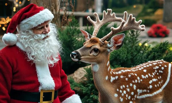 A heartwarming moment of Santa Claus sitting next to a friendly reindeer in a festive outdoor setting. 