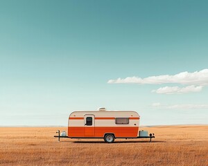 Fototapeta premium Tiny minimalist travel trailer parked in a wideopen prairie with no other elements