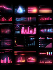 Futuristic neon pink and blue data graphs and charts interface.