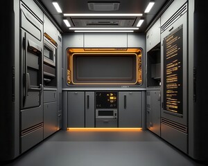 Fototapeta premium Modern minimalist RV featuring a digital control panel and futuristic interior lighting