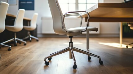 Modern office chair on hardwood floor, sunlight streams through window, empty meeting room.