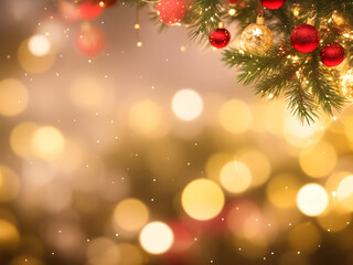 Obraz premium 부드럽고 흐릿한 황금빛 보케 배경에 반짝이는 크리스마스 조명이 있습니다. 전면에는 섬세한 빨간색, 녹색, 금색 장식이 보이지 않는 끈에 부드럽게 매달려 있으며, 이미지 전체에 은은한 눈송이가 몇 개 떠 있습니다.
