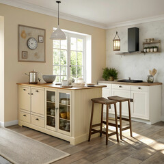 A stylish beige kitchen interior featuring a bar counter, ideal for cooking and entertaining