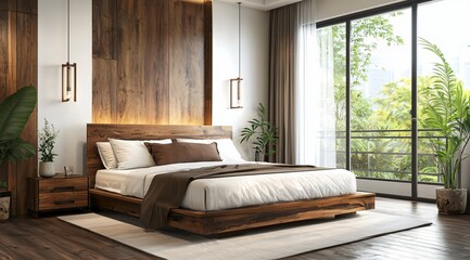 Fototapeta premium Modern Bedroom Interior Design Luxury Wooden Bed Tranquil View