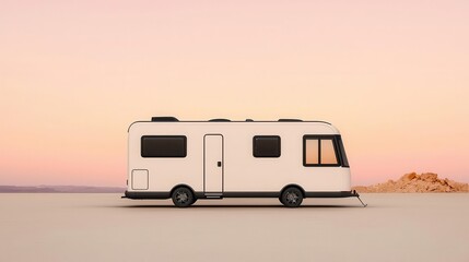 Minimalist RV design with sleek lines and neutral tones parked in a serene desert landscape