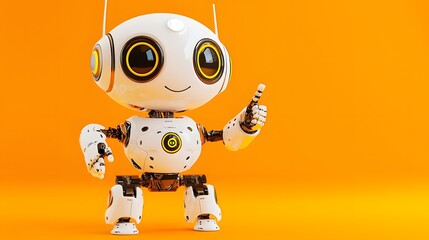 Obraz premium Adorable White Robot with Big Eyes and Smiling Face Pointing Upward, Solid Soft Orange Background for Tech-Themed Visuals