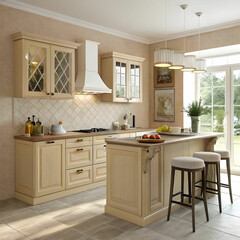 A stylish beige kitchen interior featuring a bar counter, ideal for cooking and entertaining