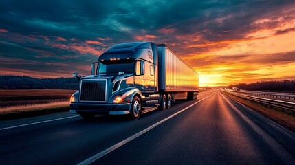 Big Rig Truck Driving on Highway at Sunset