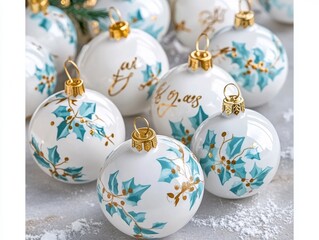 A close-up of elegant Christmas ornaments with sale percentages etched in gold