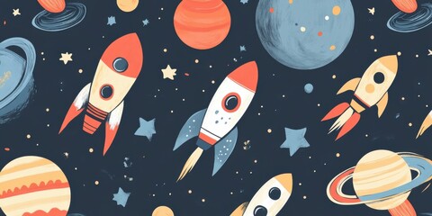Charming Rockets and Planets: A Whimsical Space Adventure Illustration