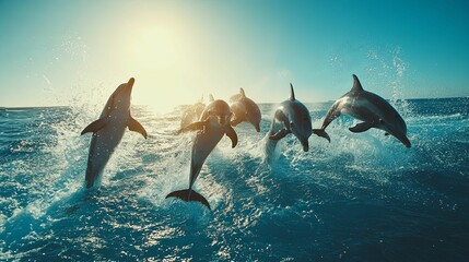 Obraz premium Dolphins leaping playfully in ocean sunlight
