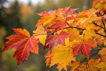 Fototapeta premium Autumnal foliage displaying vibrant red and gold maple leaves on a branch