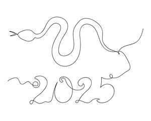 Year of the snake, inscription 2025. Congratulations, symbol year, continuous line drawing vector on white background. Doodle vector illustration on white background.