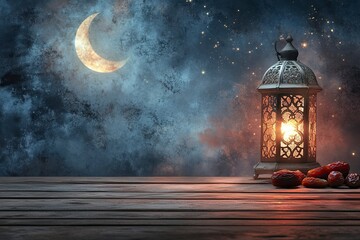 Moroccan, Arabic lantern and dates on on an old wooden table with the night sky and the Crescent moon and the star behind. Greeting card for Muslim community holy month Ramadan Kareem. Free space 