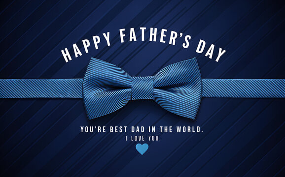 Happy Father's Day Greeting Card Design with Striped Bow Tie on Blue Background. Father's Day bannmer, poster, template, wallpaper