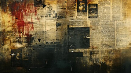 Aged Newspaper Collage With Red Stains and Textured Background