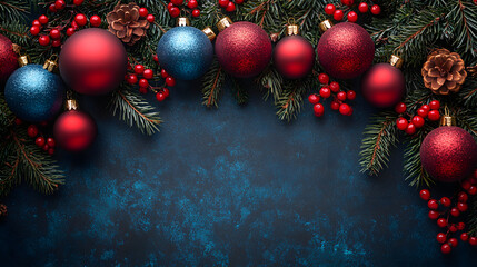 A collection of red and blue Christmas ornaments with pine cones and red berries, arranged on a textured blue background. Perfect for festive holiday decorations and seasonal celebrations.