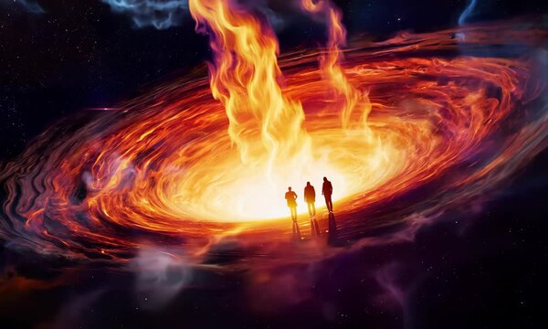 Shadrach, Meshach, and Abednego in the fiery furnace, depicted within a swirling nebula, highlighting their faith amidst trials