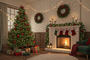 A cozy Christmas scene featuring a decorated tree, presents, fireplace, and stockings