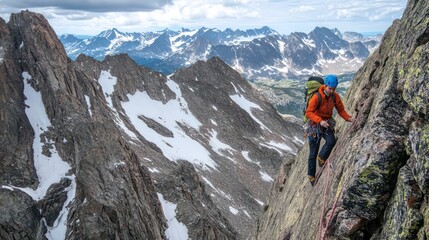 Climber ascends a steep, rocky mountain face against a backdrop of snow-capped peaks and a cloudy sky.